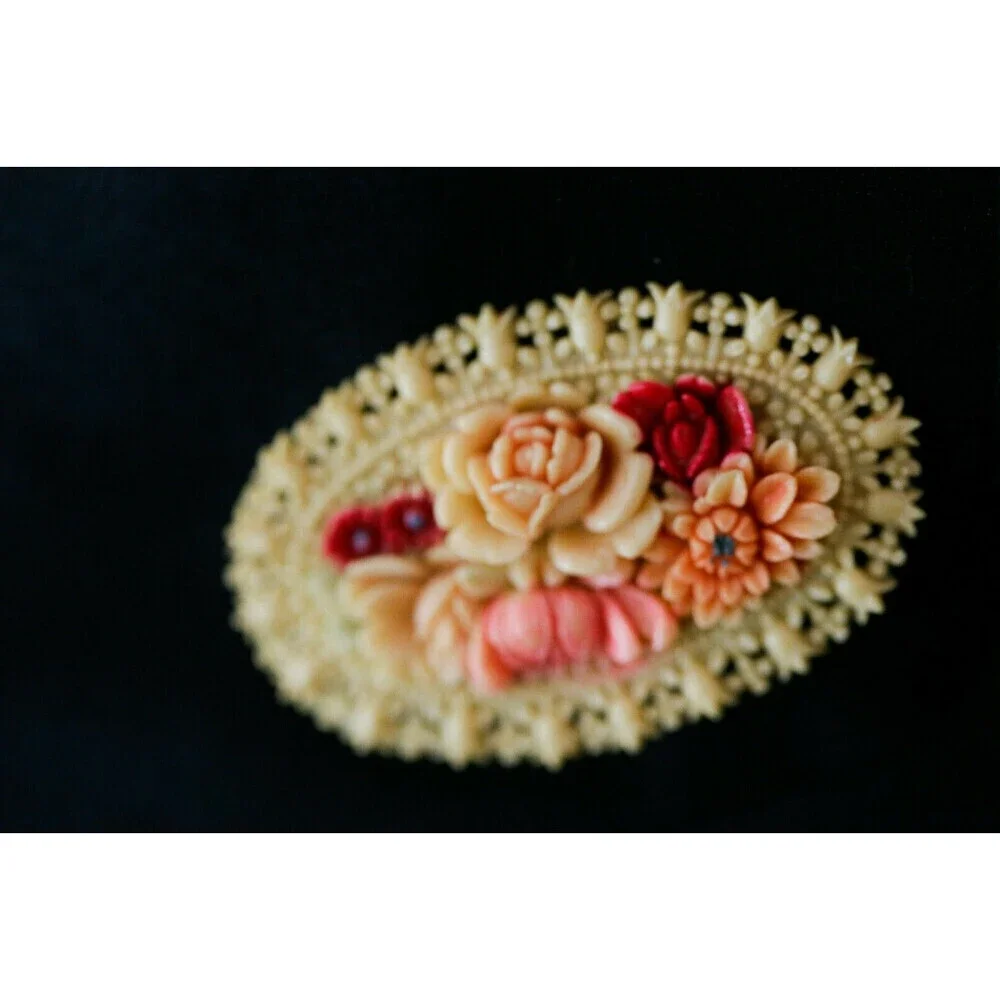 Vintage Carved Celluloid Plastic Floral Colourful Edwardian Style Oval Brooch...